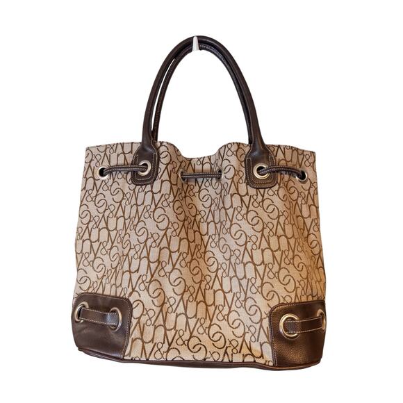 Vintage Y2K New York & Company Canvas Monogram Faux Leather Drawstring Tote - Picture 4 of 7